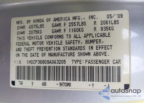 2009 Honda Accord 2.4 Ex-L from USA, damaged, VIN 1HGCP26849A183347